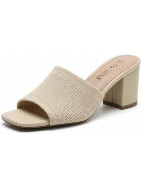 Women's Beige Knit Comfortable Square Open Toe Chunky Block Low Sandals Heels